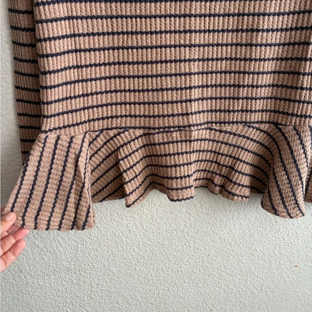 We The Free Auntie Em Brown and Black Striped Fringe Neck Peplum Sweater Top S
